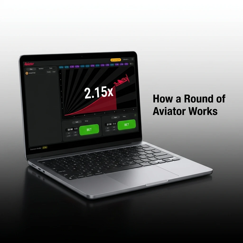 Aviator game round flow showing bet placement, rising multiplier, cash out button, and plane flying away