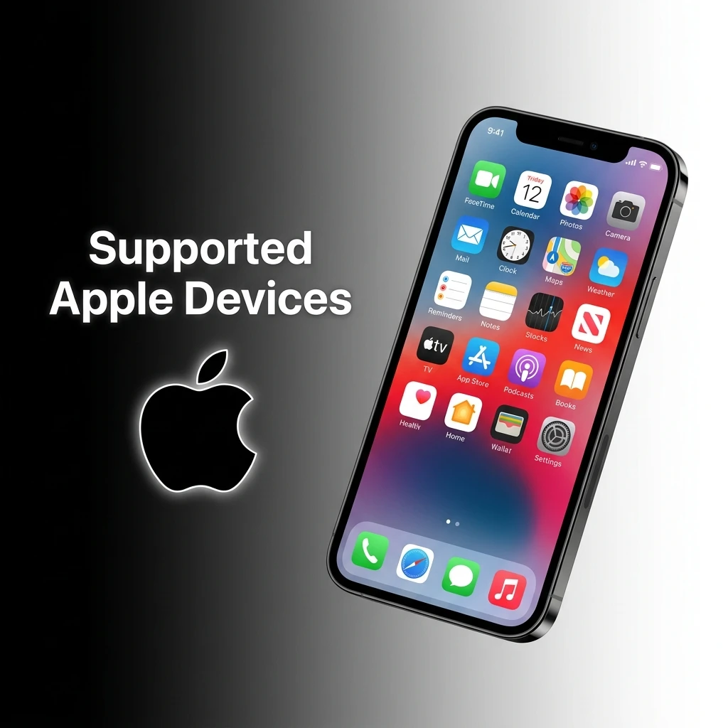 List of supported Apple devices for Odds96 app including iPhone SE to iPhone 15 Pro Max and iPad models running iOS 12+